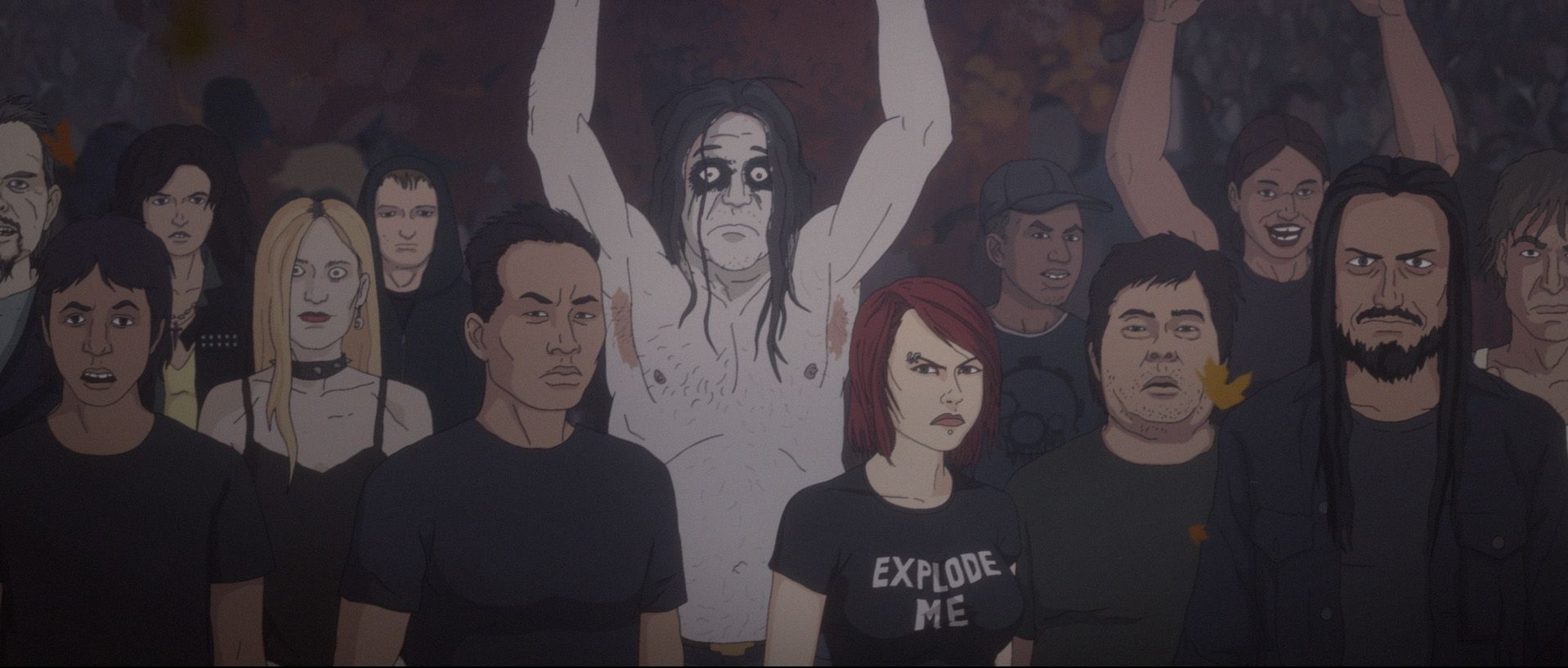 A screenshot from the new Metalocalypse movie of fans waiting to see the band.